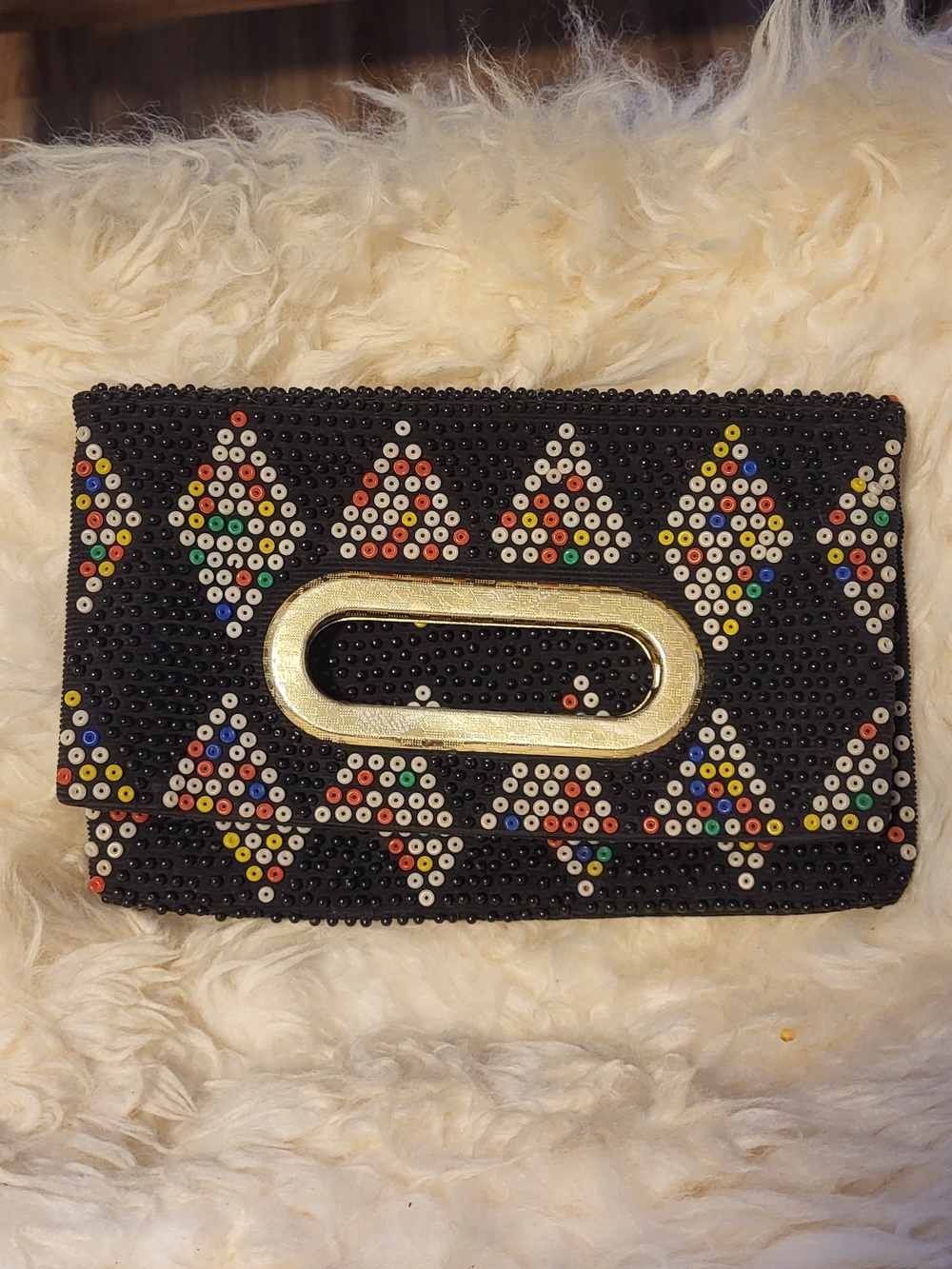 Beaded Black Vintage Multicolor Envelope Clutch with Gold Accent
